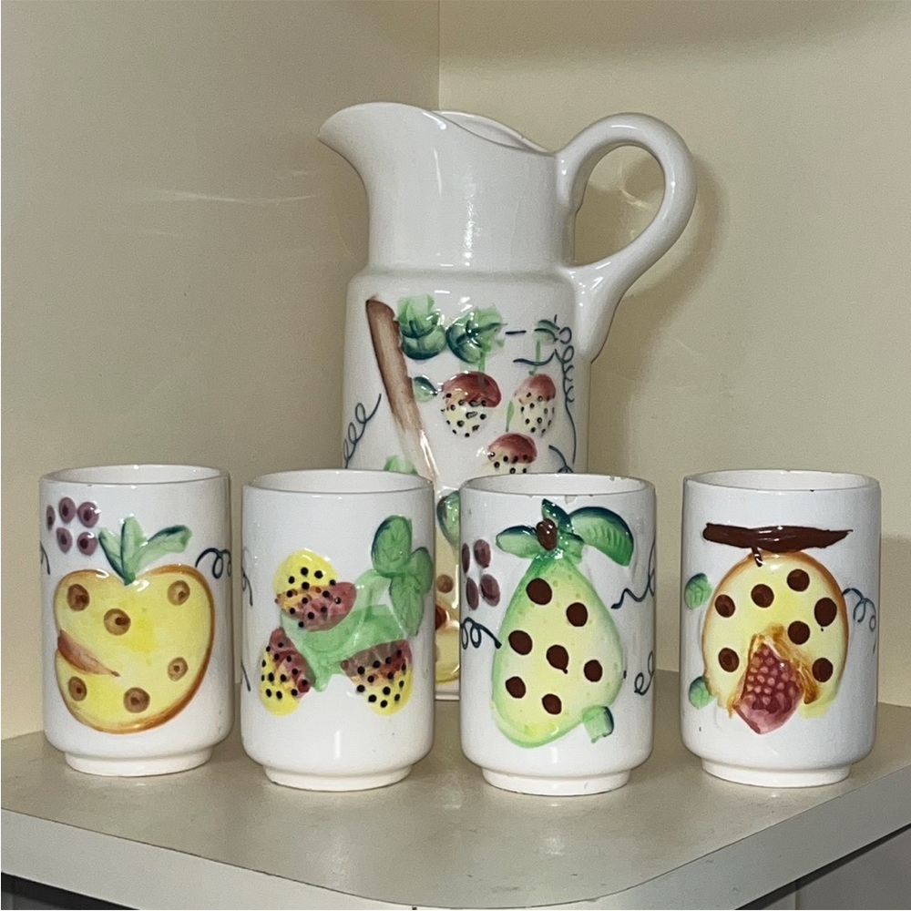 Vintage Handmade Nagoya Japan 1950s Juice Pitcher With 4 Glasses Cottagecore